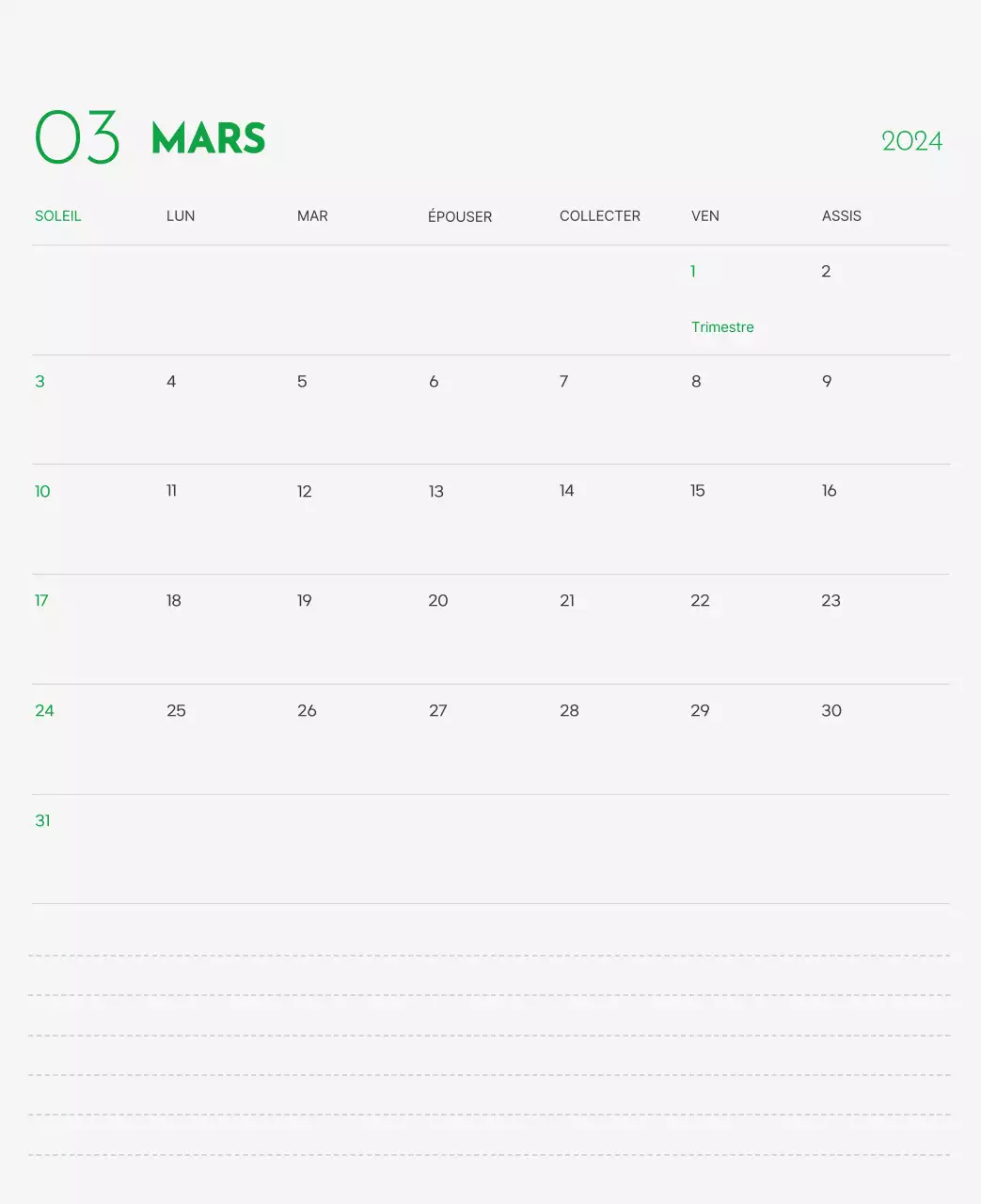 Un calendrier avec la photo d'un chiot et un message mignon aux accents verts.