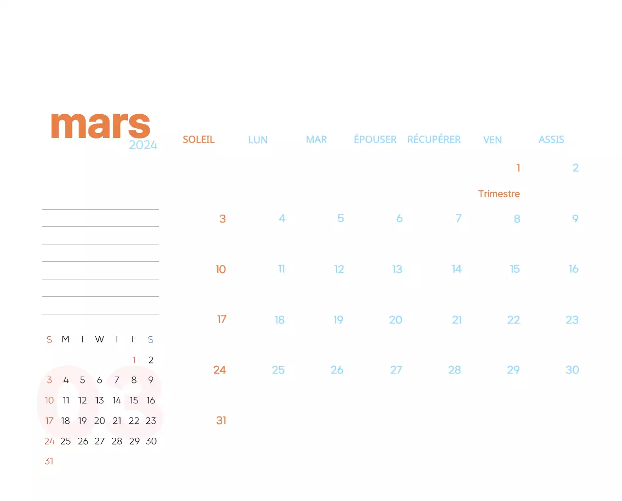 Calendrier de travail avec de belles illustrations