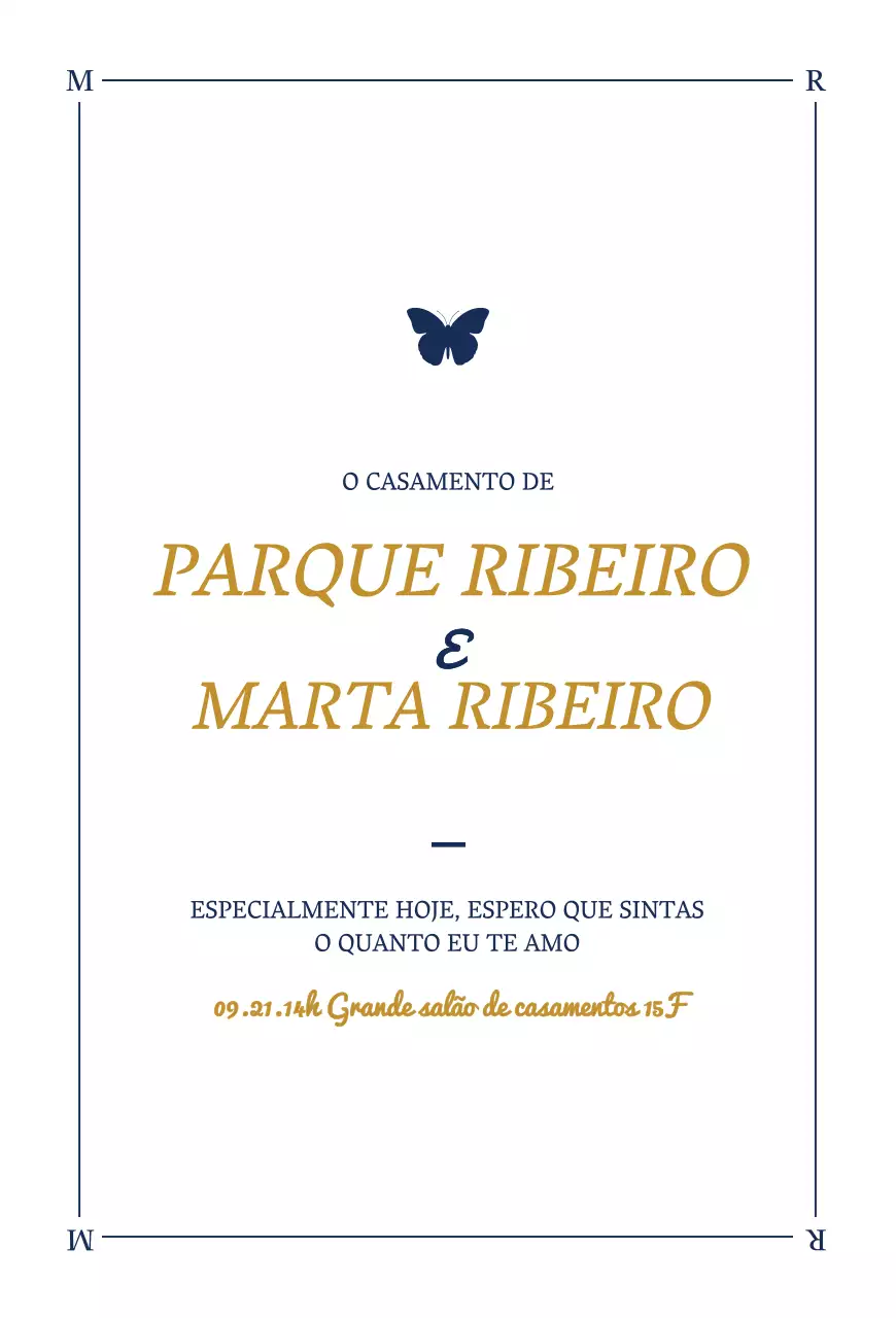 Convite de casamento de design elegante com ilustrações de borboletas em branco e azul-marinho