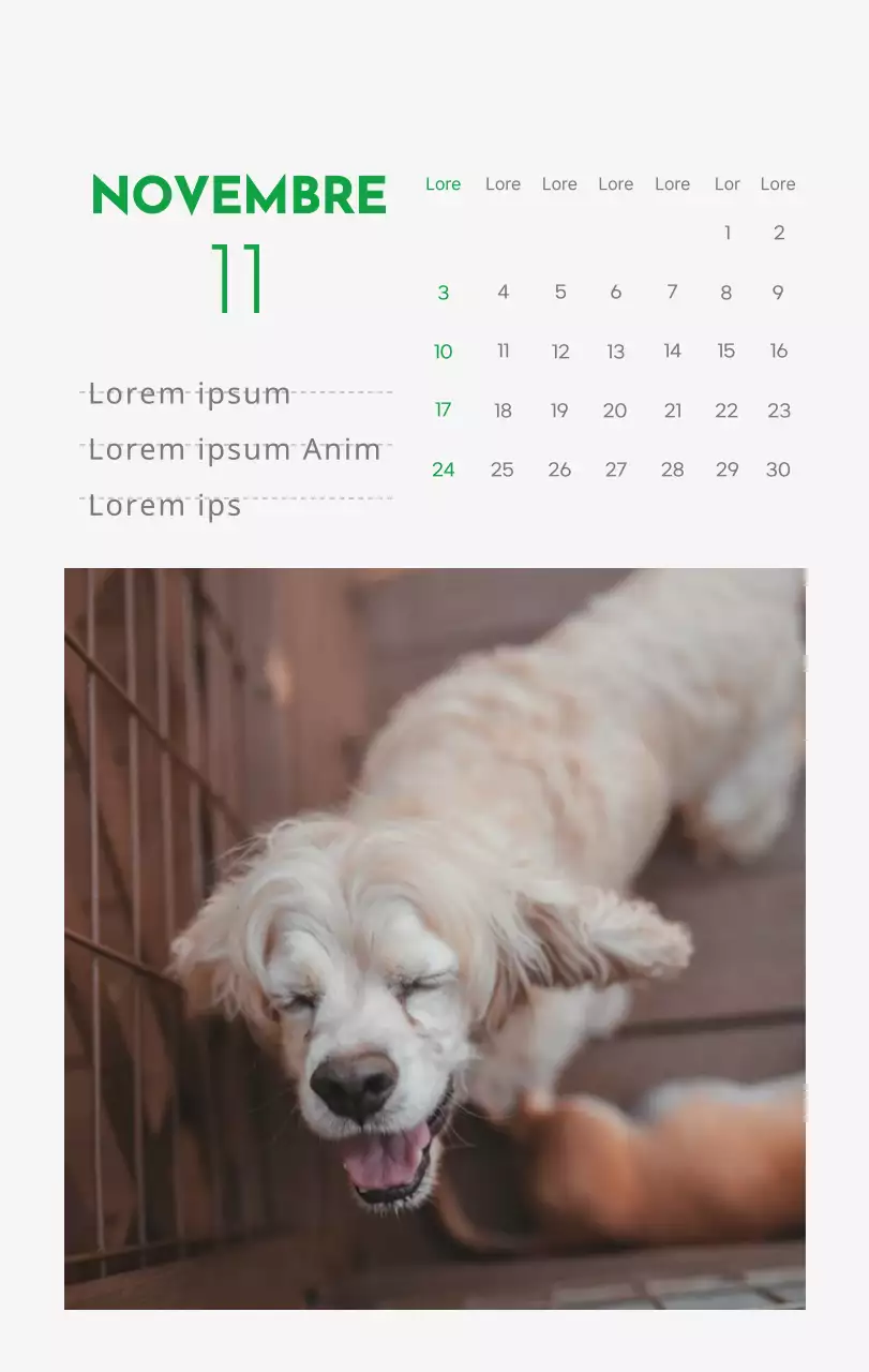 Un calendrier avec la photo d'un chiot et un message mignon aux accents verts.