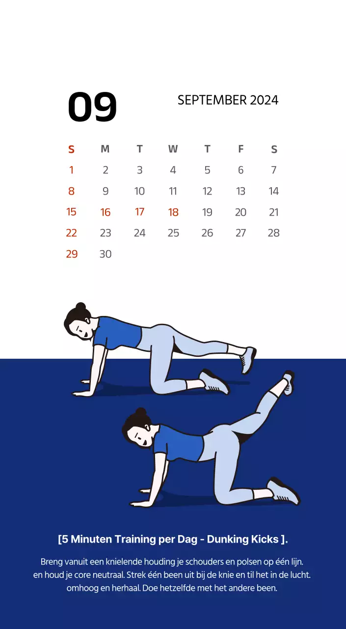 Eenvoudige kalender met strakke illustraties in blauw