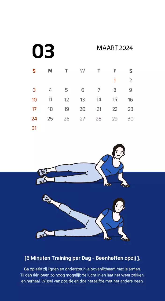 Eenvoudige kalender met strakke illustraties in blauw