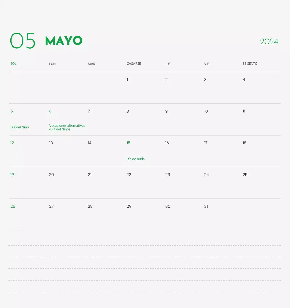 Un calendario con la imagen de un cachorro y un bonito mensaje en tonos verdes.