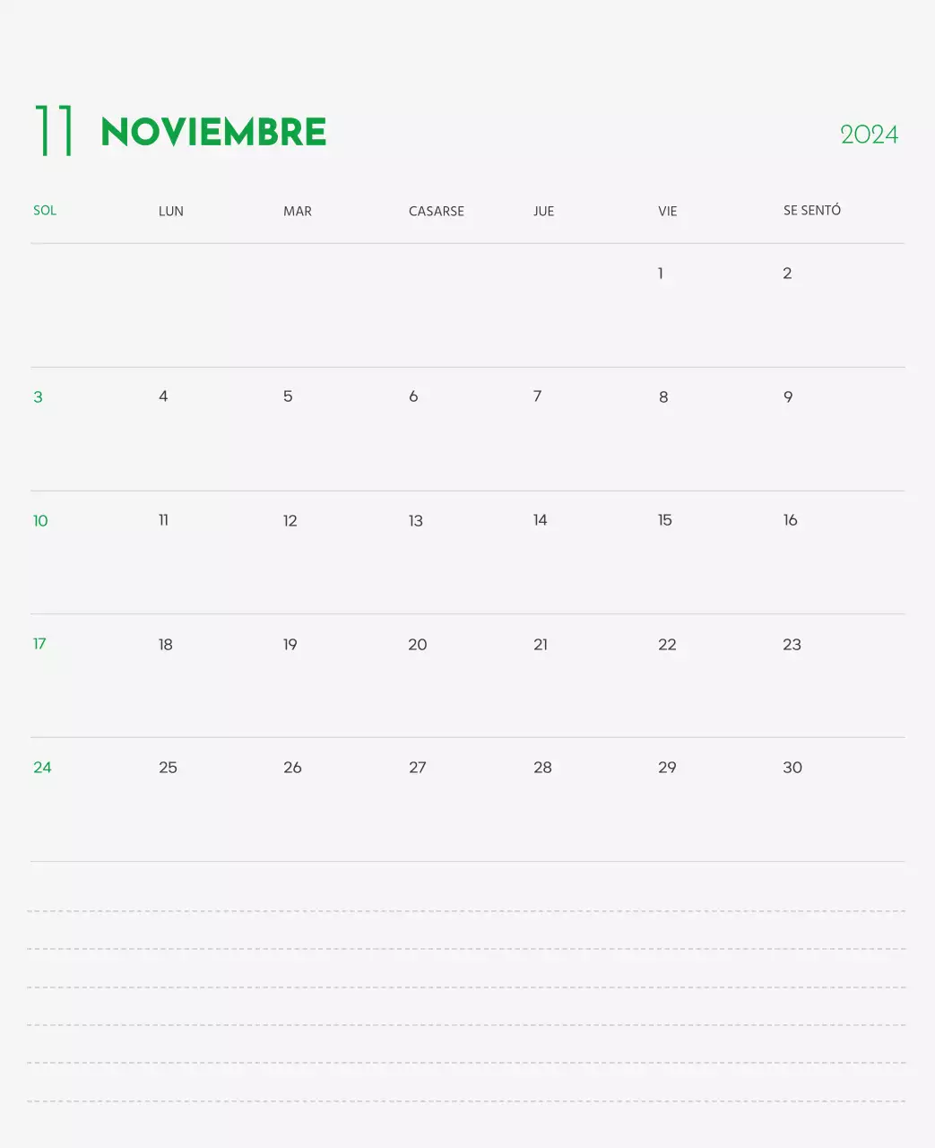 Un calendario con la imagen de un cachorro y un bonito mensaje en tonos verdes.