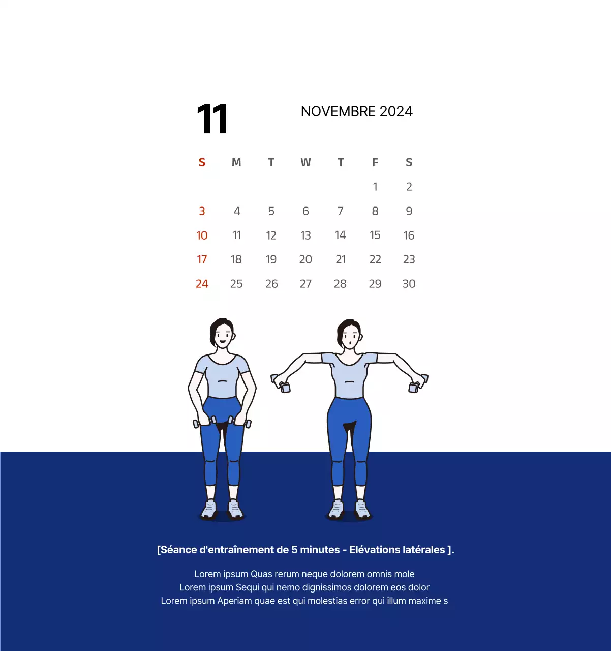 Calendrier simple avec des illustrations épurées en bleu