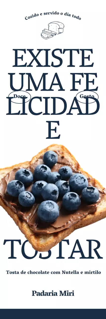 Menu de padaria de café com imagens fotorrealistas de pão torrado com mirtilos e texto em inglês moderno e arrojado.