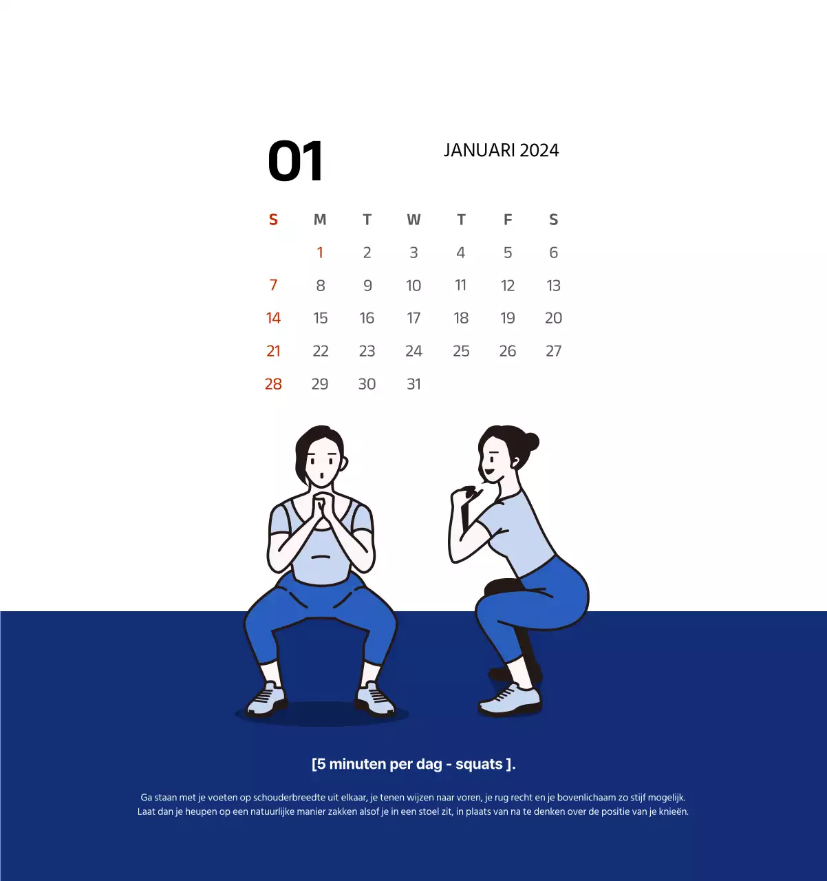 Eenvoudige kalender met strakke illustraties in blauw
