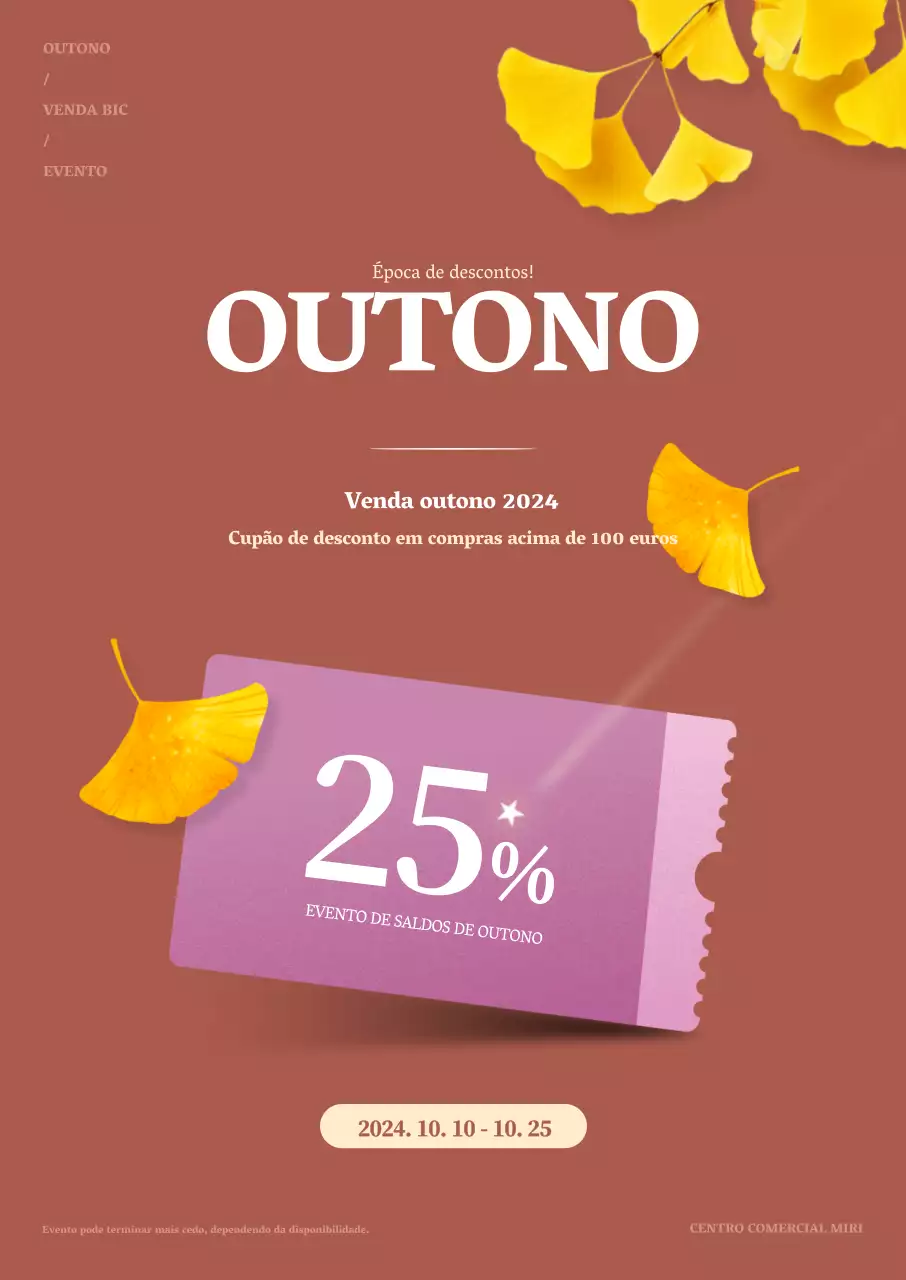 Evento de saldos de outono com folhas de ginkgo sobre um fundo castanho claro