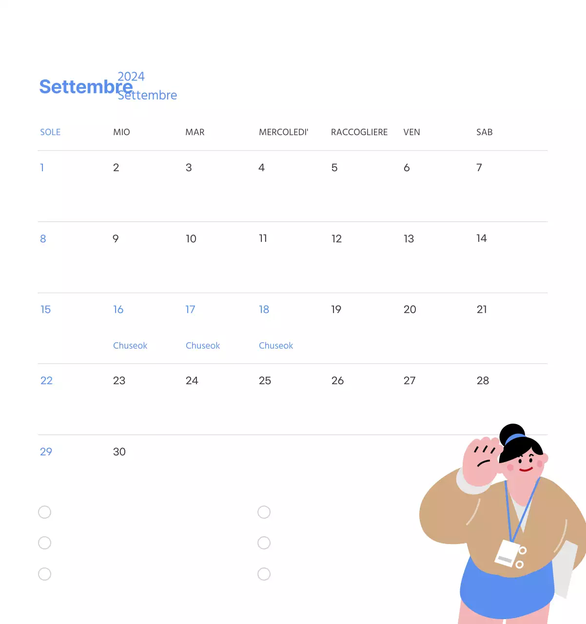 Calendario motivazionale con illustrazioni energetiche e citazioni positive su sfondo azzurro