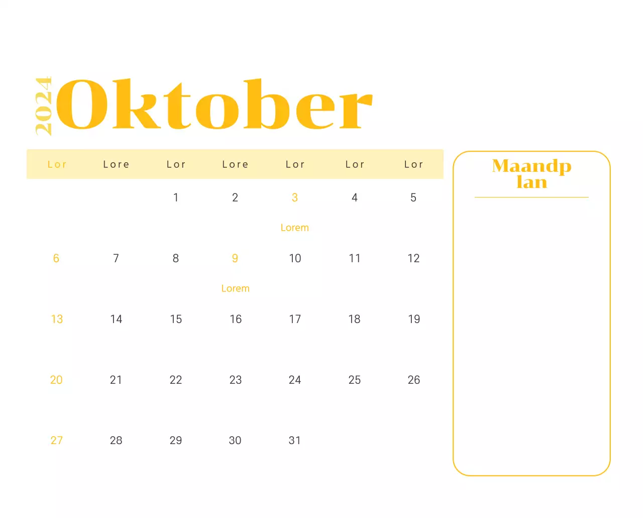 Kalender met jeugdillustraties op een gele en groene achtergrond