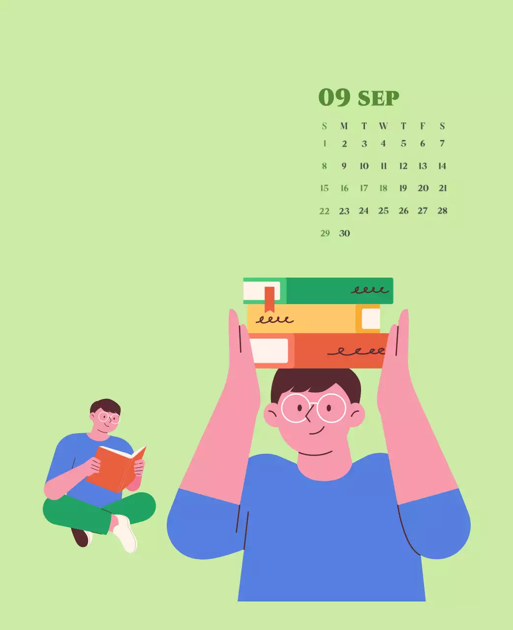 Calendario con ilustraciones juveniles sobre fondo amarillo y verde