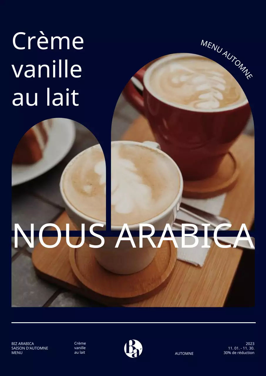 Présentation d'une boisson d'automne avec un cadre fendu sur fond bleu marine