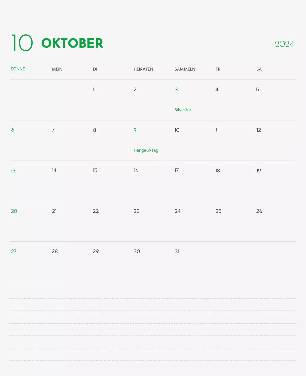 Ein Kalender mit einem Bild eines Welpen und einer niedlichen Botschaft in grünen Akzenten