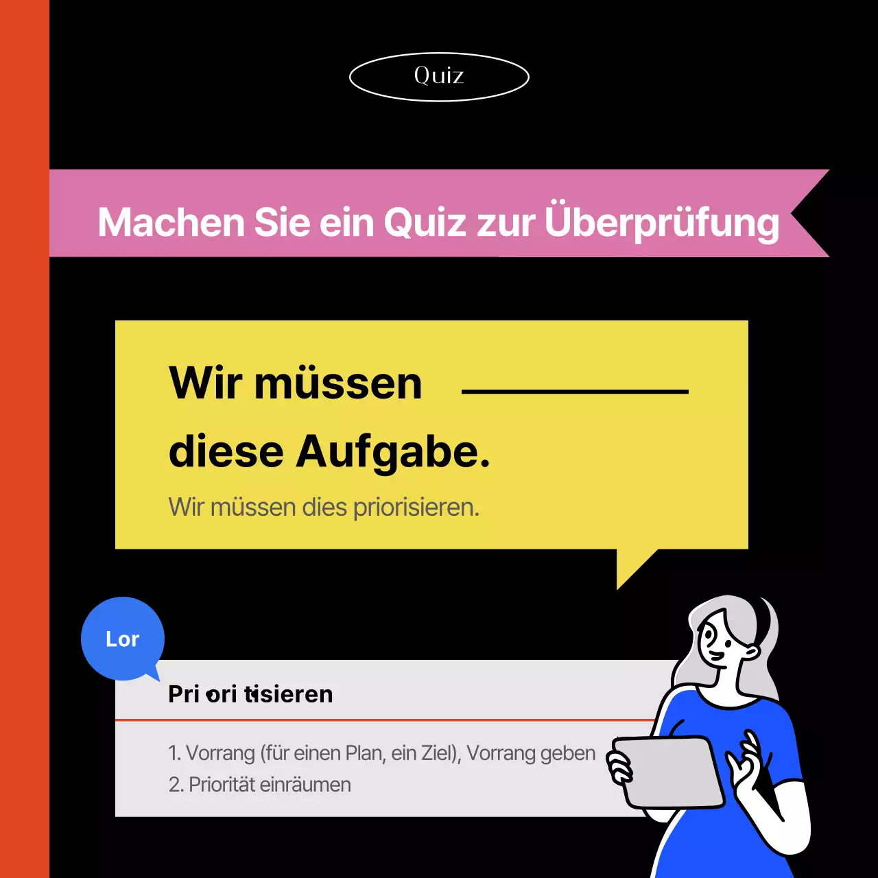 Eine orange-blaue Werbung für eine Sprachschule, die sich an moderne Berufstätige richtet.