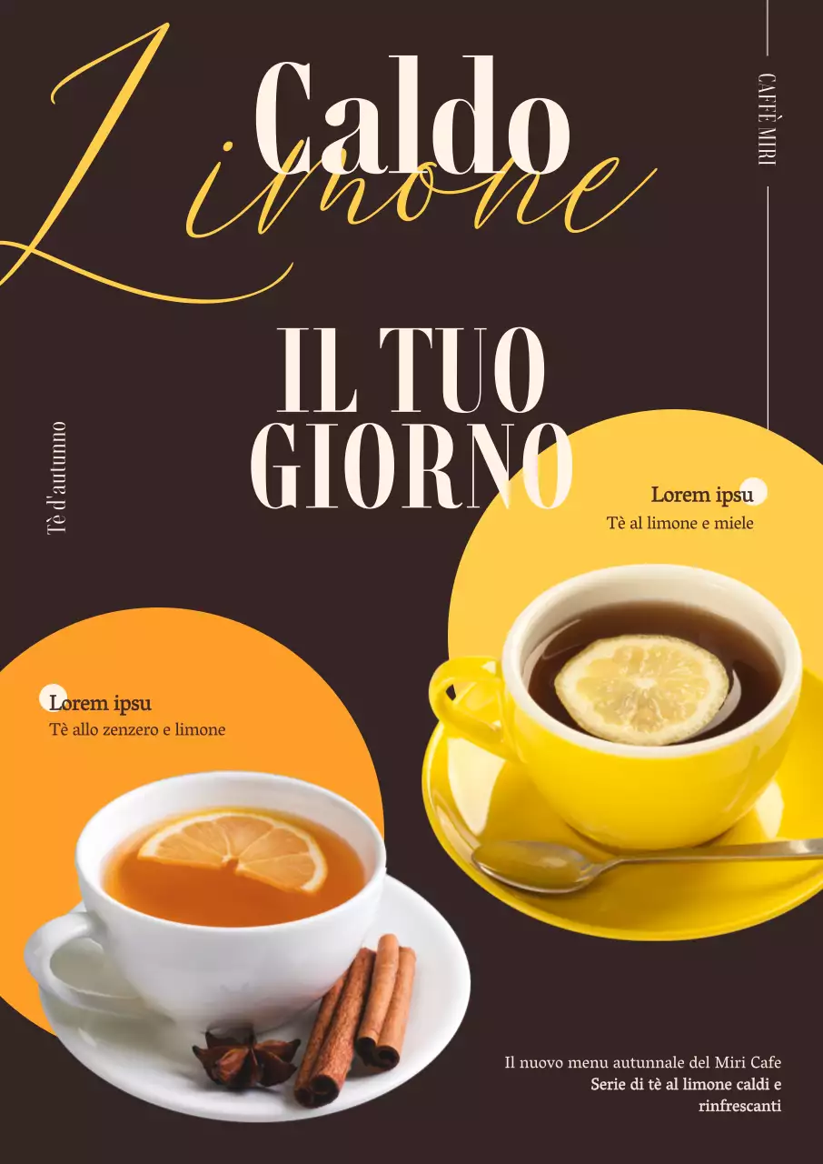 Il menu del Café Lemon Tea è caratterizzato da un layout geometrico e pulito, con colori autunnali e un font inglese corsivo e sentimentale.