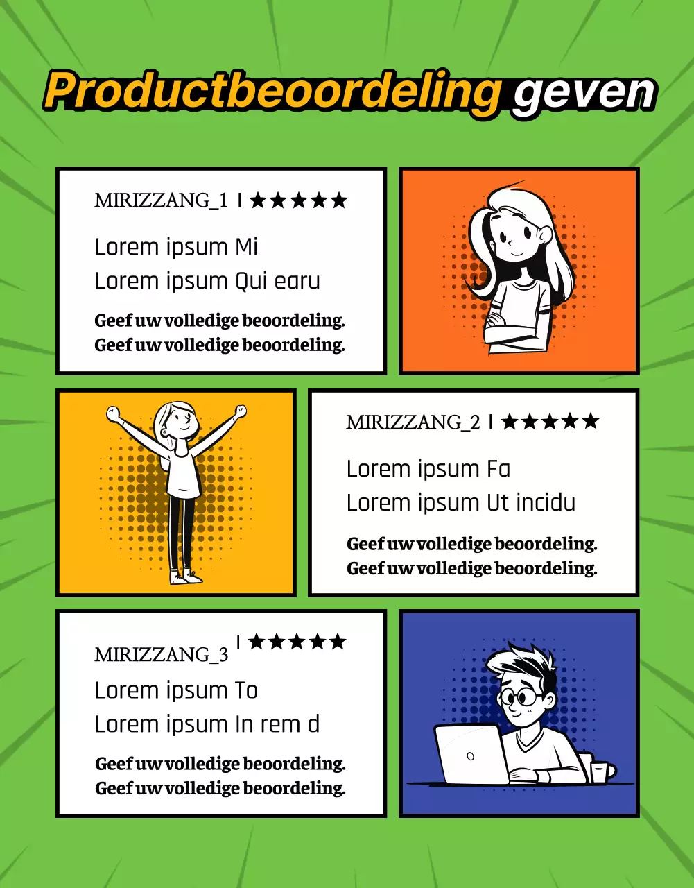 Een retro cartoonproductpitch in rood en regenboogkleuren