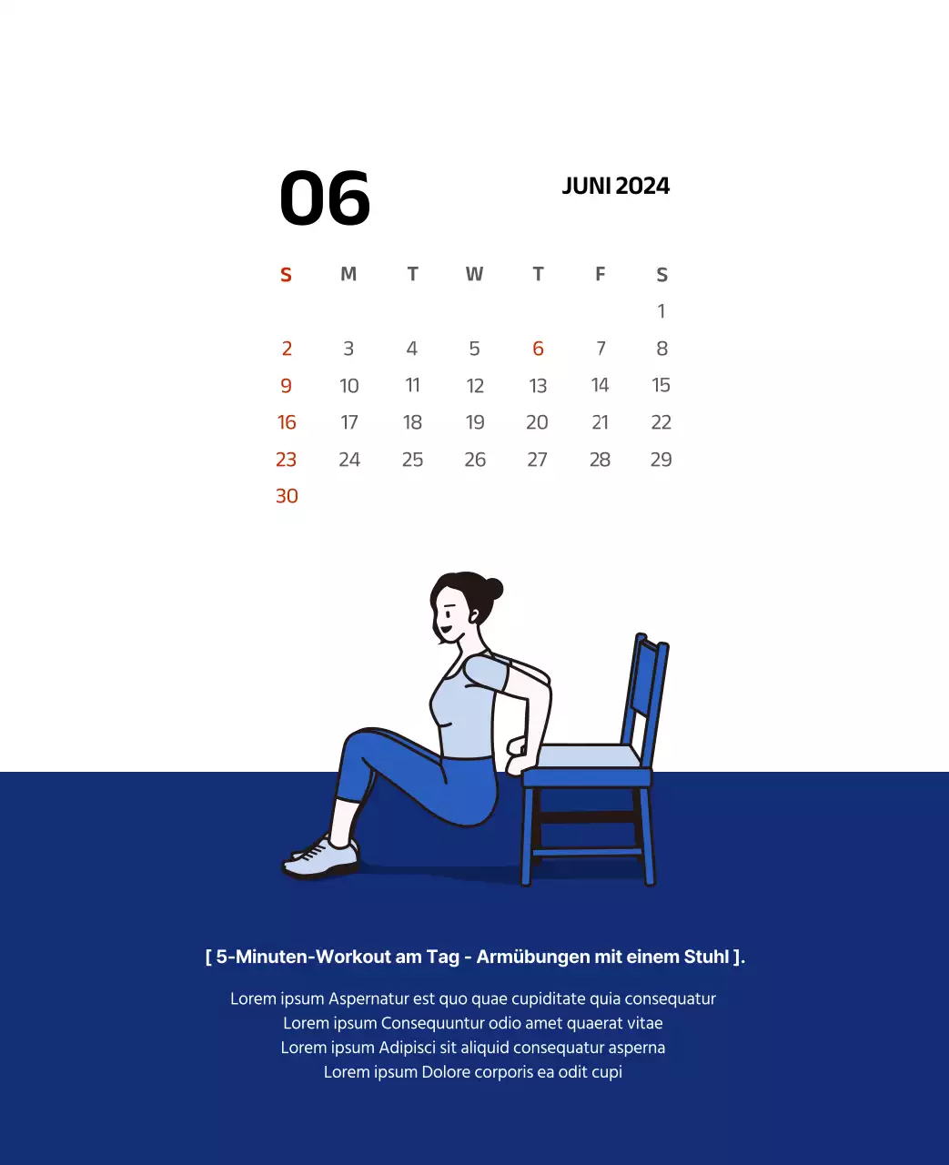 Einfacher Kalender mit klaren Illustrationen in Blau