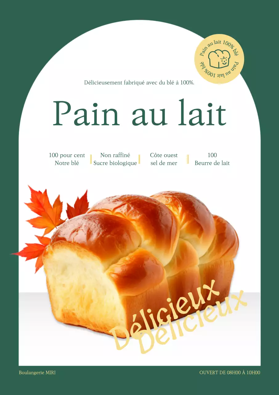 Promotion d'une boulangerie avec du pain et des feuilles mortes sur fond vert et blanc