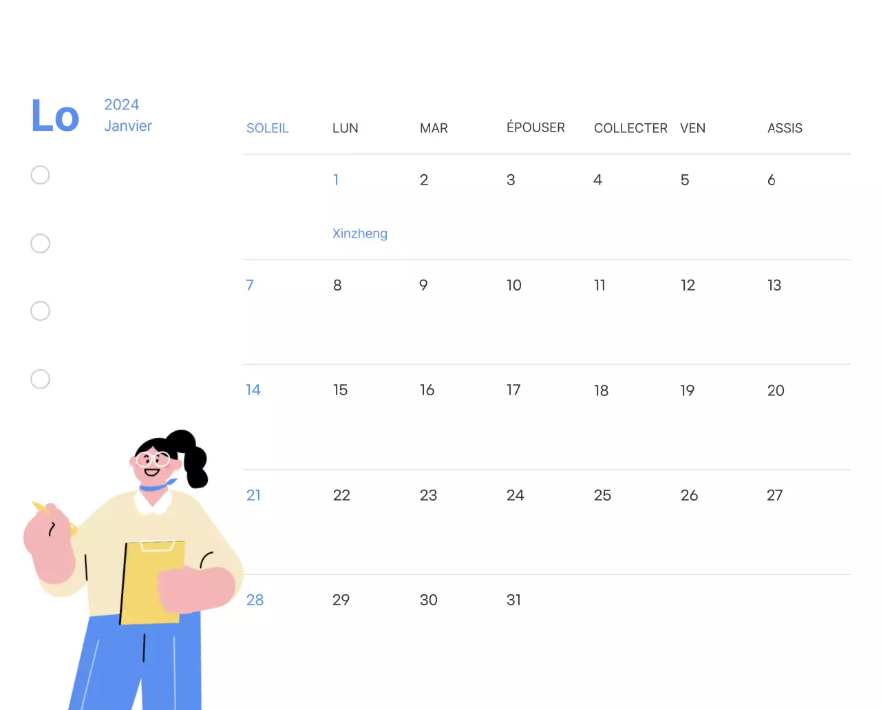 Calendrier de motivation avec des illustrations énergiques et des citations positives sur un fond bleu clair