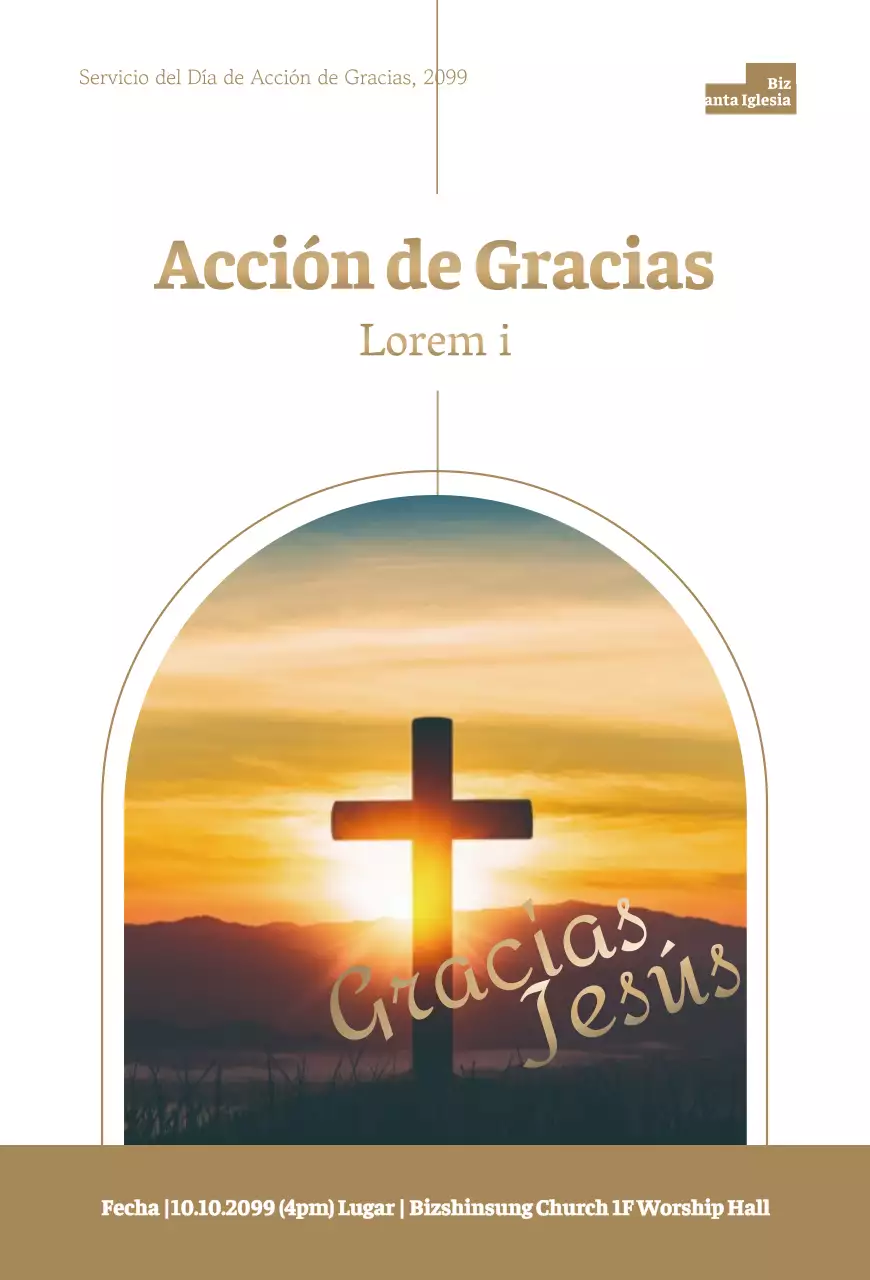 Elegante invitación de servicio de Acción de Gracias con texto en marrón e imagen de una cruz