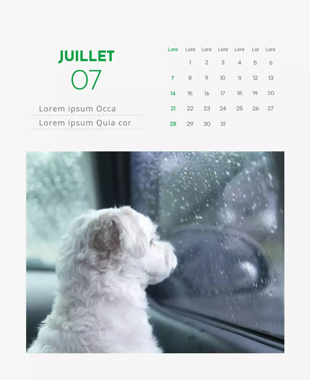 Un calendrier avec la photo d'un chiot et un message mignon aux accents verts.