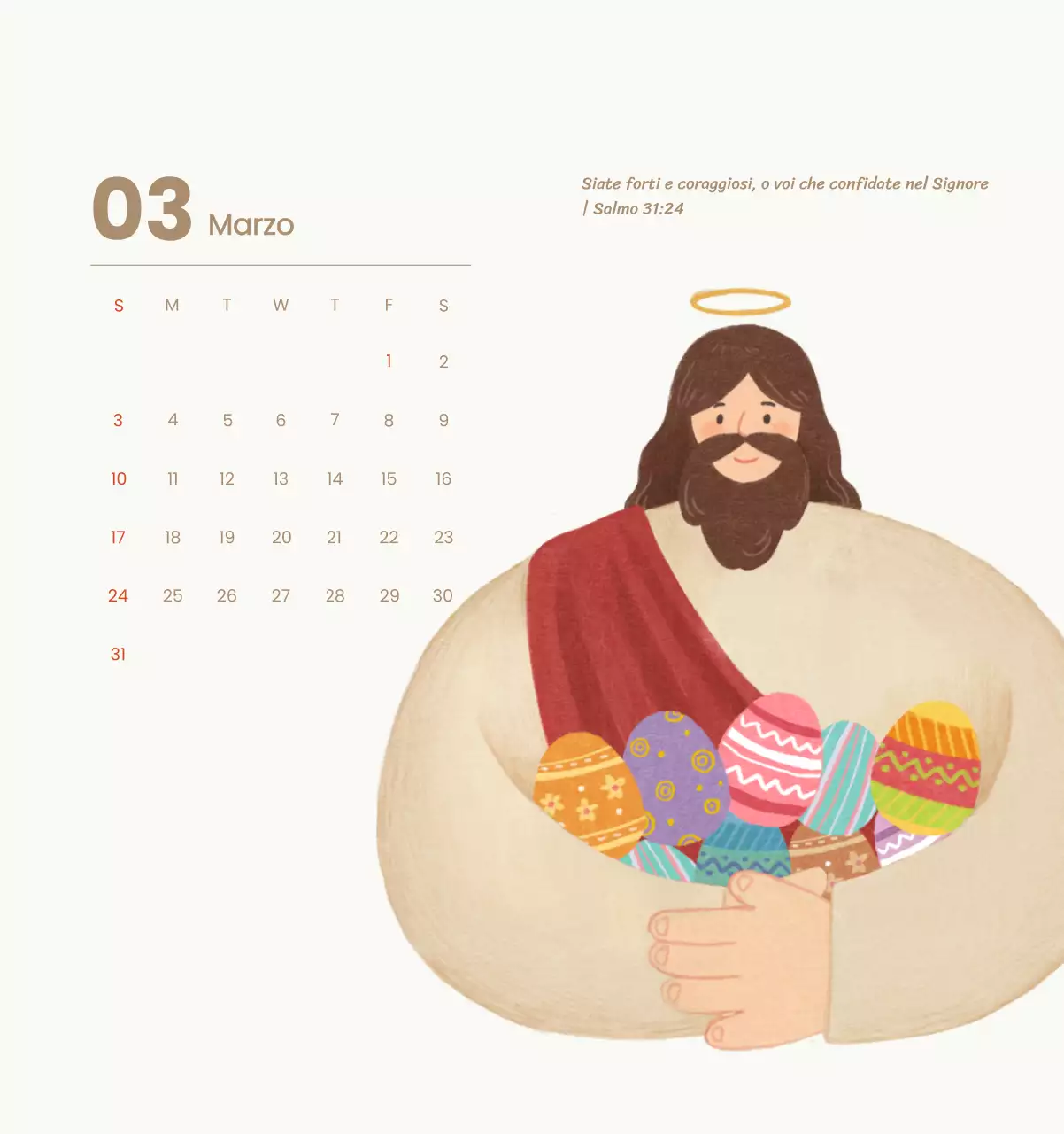 Un calendario devozionale con illustrazioni accoglienti e versetti della Bibbia su uno sfondo blu chiaro