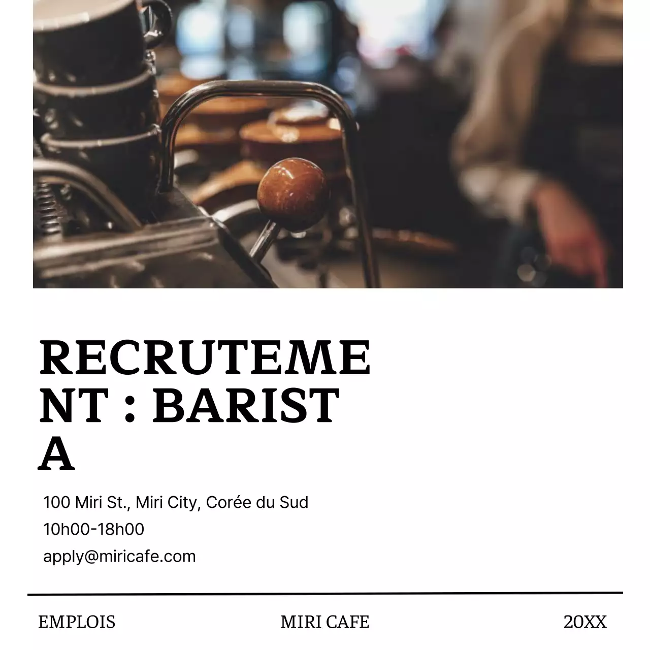 Un simple argumentaire de recrutement de barista en blanc et noir