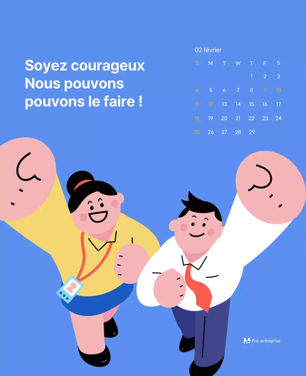 Calendrier de motivation avec des illustrations énergiques et des citations positives sur un fond bleu clair