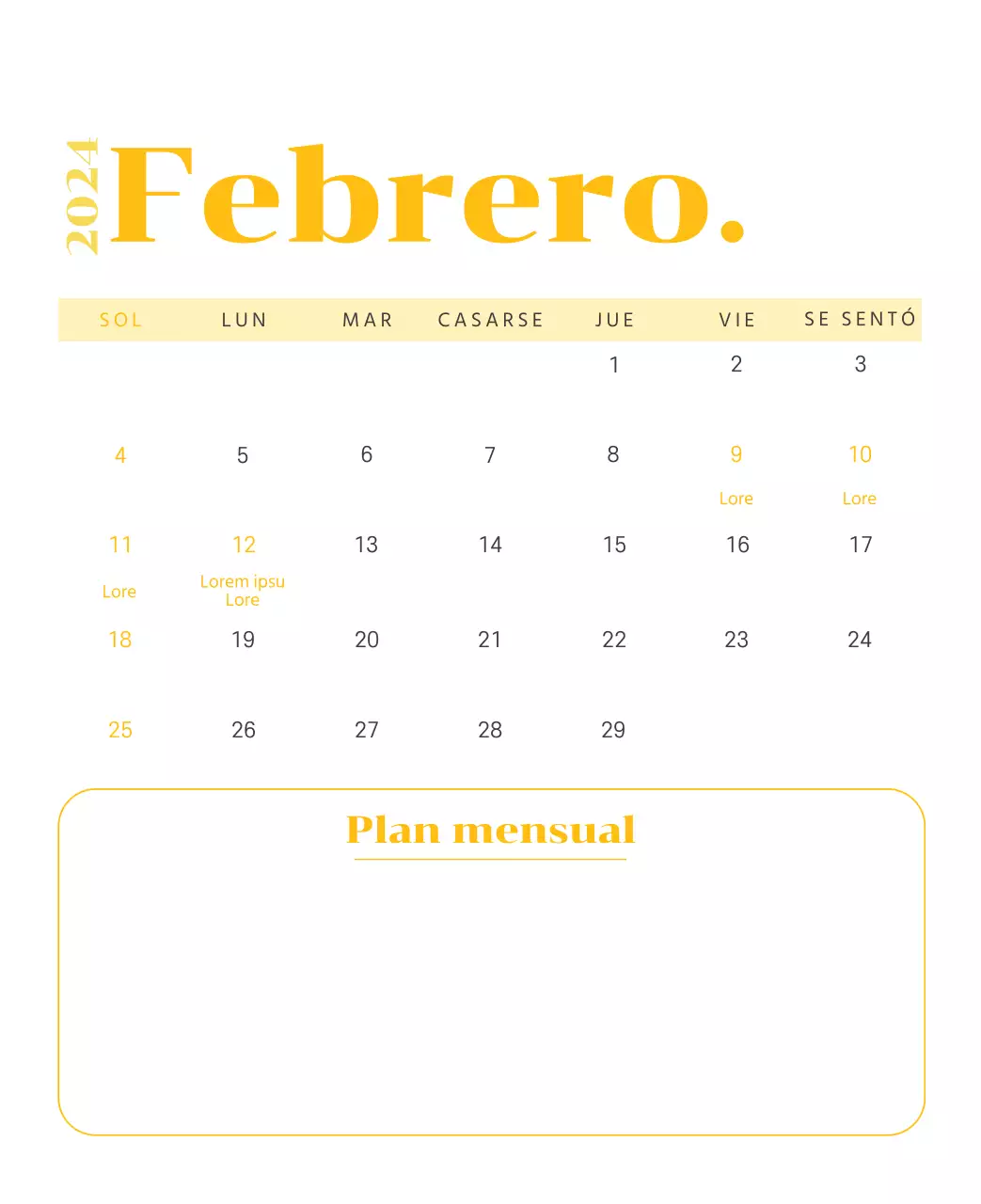 Calendario con ilustraciones juveniles sobre fondo amarillo y verde