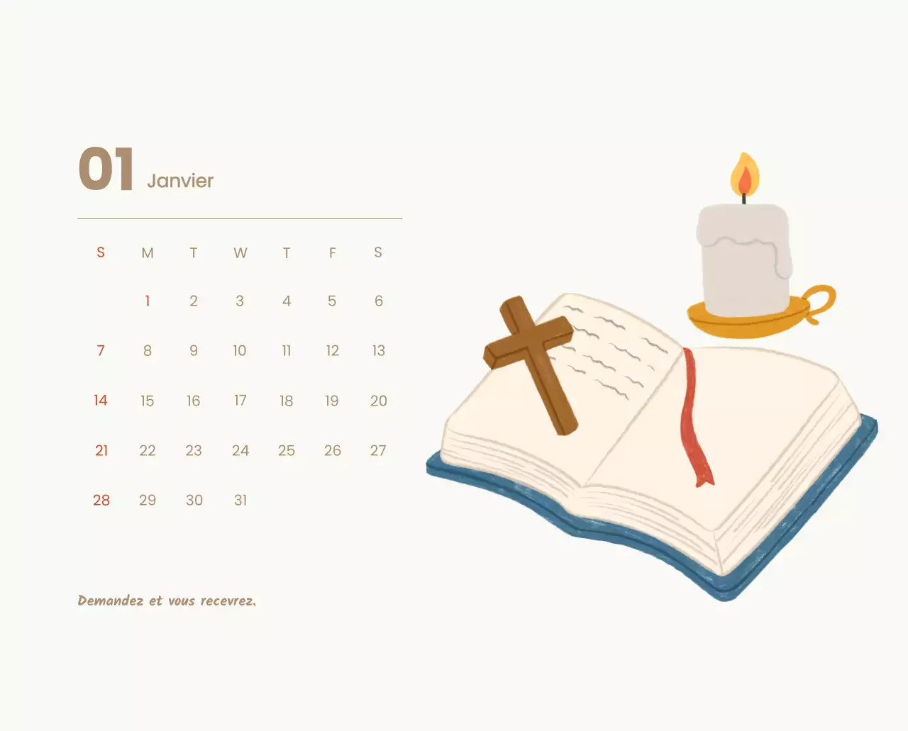 Un calendrier dévotionnel avec des illustrations douces et des versets bibliques sur un fond bleu clair.