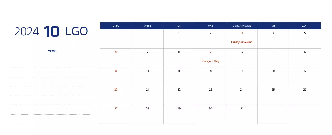 Eenvoudige kalender met strakke illustraties in blauw