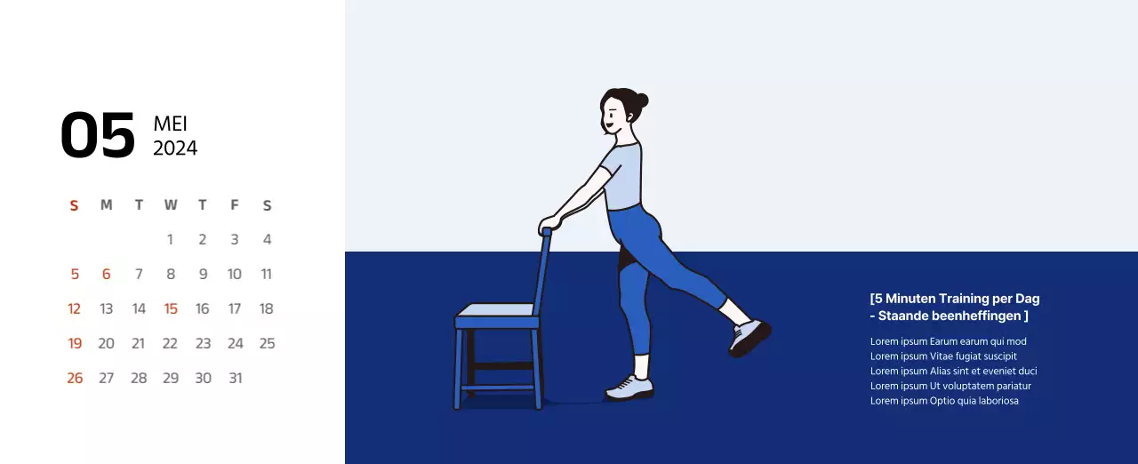 Eenvoudige kalender met strakke illustraties in blauw