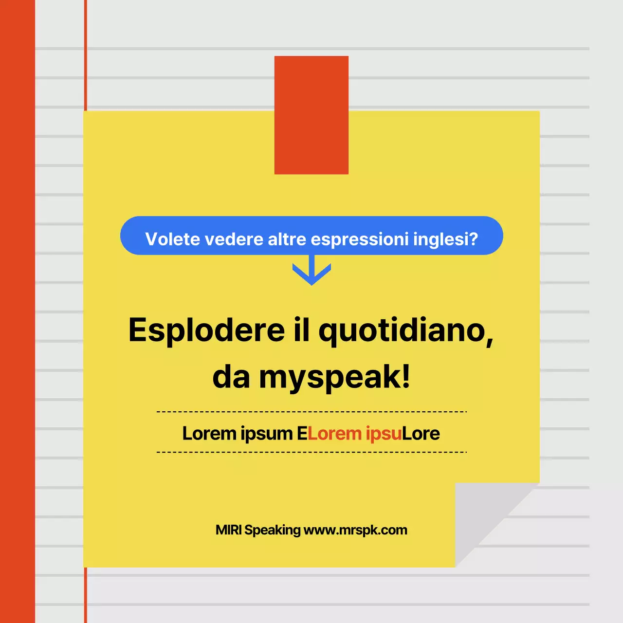 Una pubblicità arancione e blu per una scuola di conversazione rivolta a professionisti moderni.