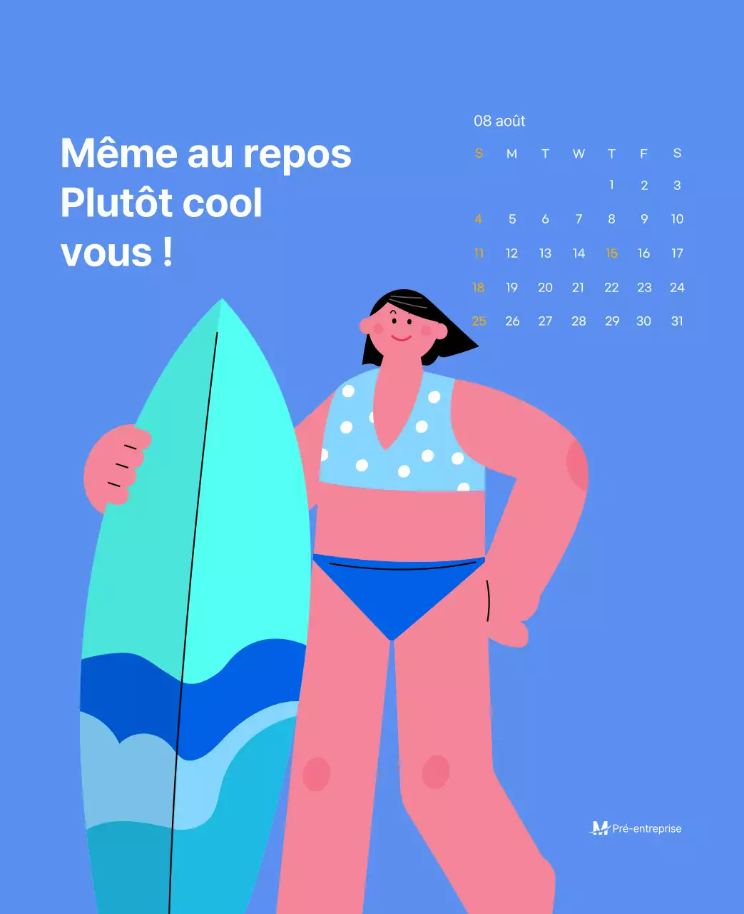 Calendrier de motivation avec des illustrations énergiques et des citations positives sur un fond bleu clair