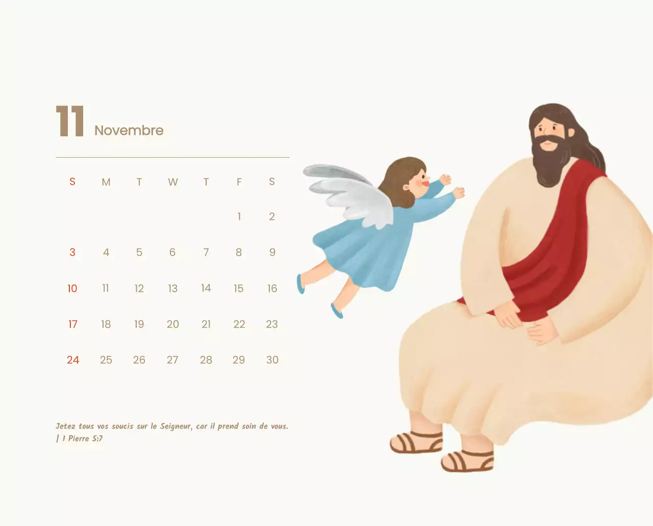 Un calendrier dévotionnel avec des illustrations douces et des versets bibliques sur un fond bleu clair.