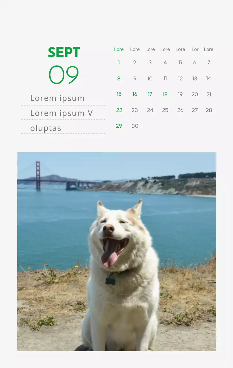 Un calendrier avec la photo d'un chiot et un message mignon aux accents verts.