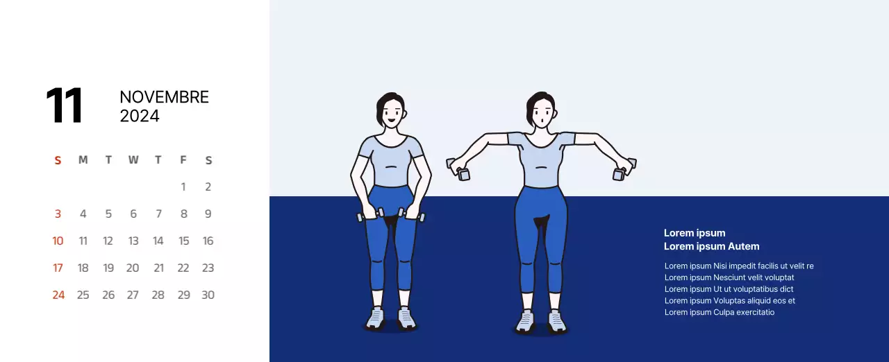 Calendrier simple avec des illustrations épurées en bleu