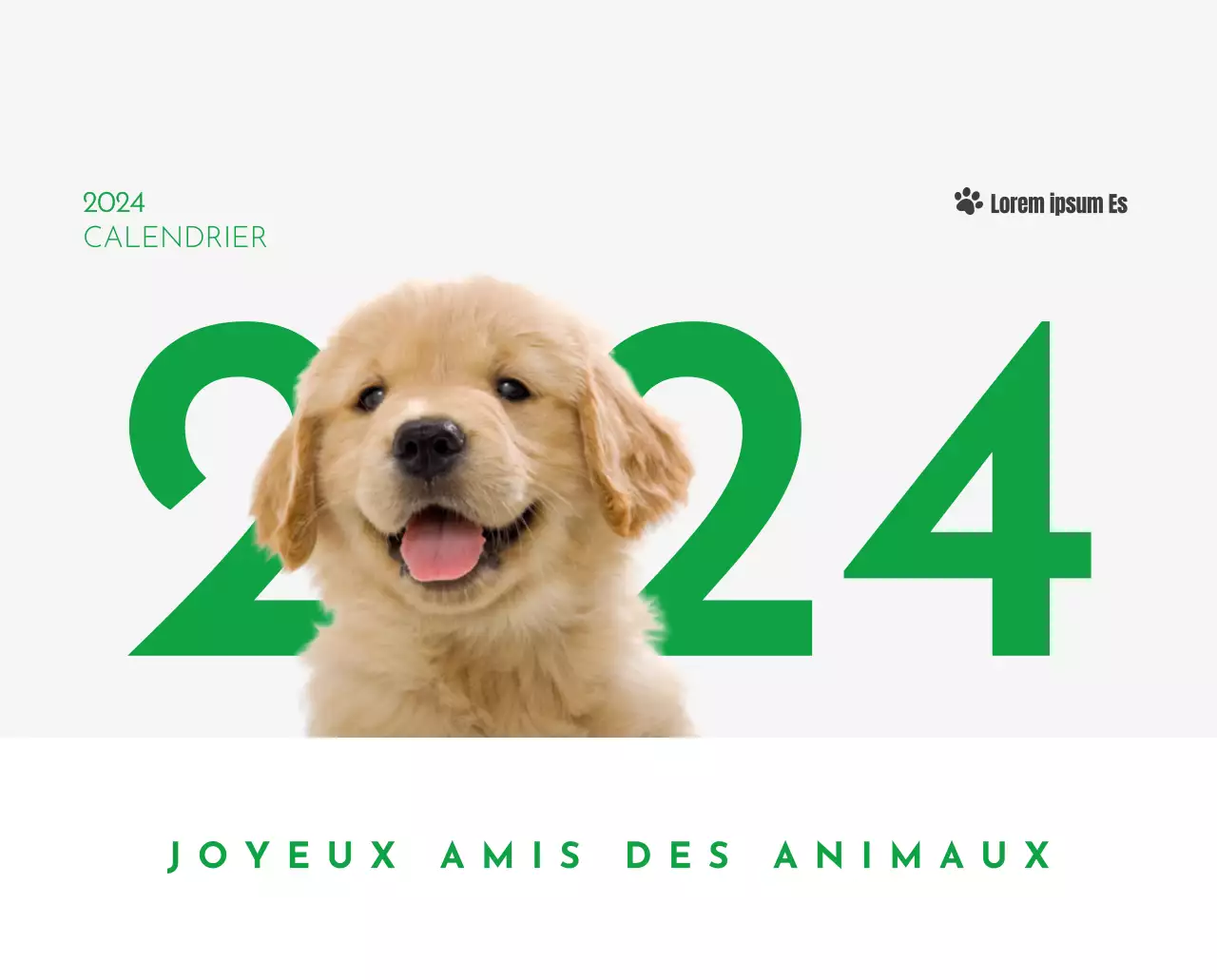 Un calendrier avec la photo d'un chiot et un message mignon aux accents verts.