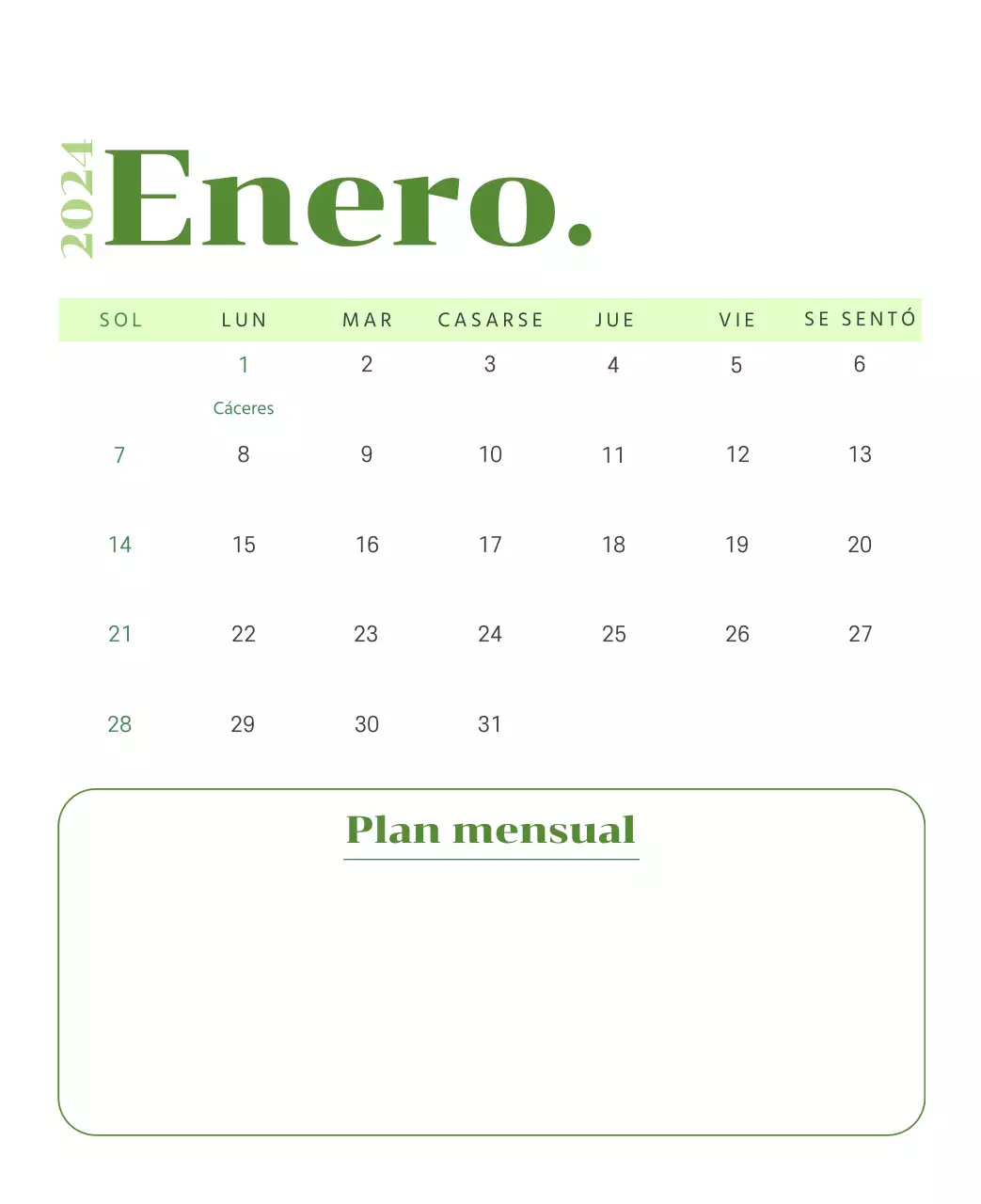 Calendario con ilustraciones juveniles sobre fondo amarillo y verde
