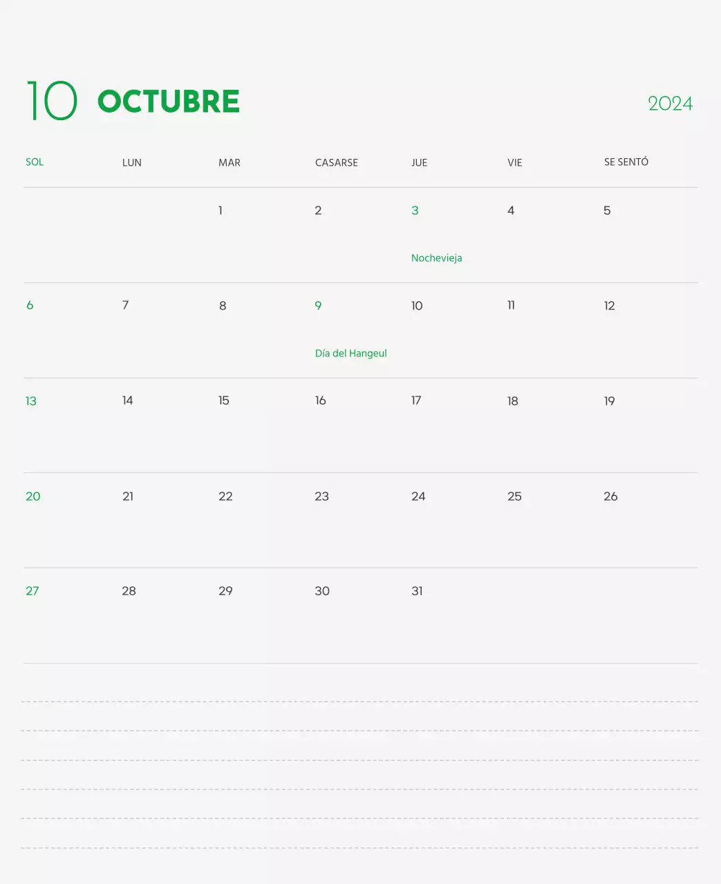 Un calendario con la imagen de un cachorro y un bonito mensaje en tonos verdes.