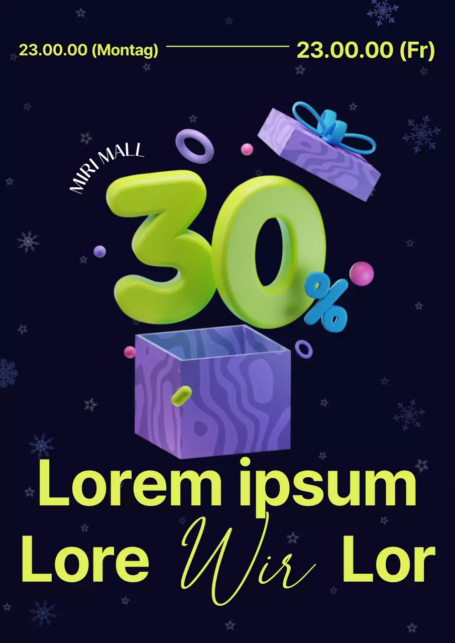 Der Winterschlussverkauf zeichnet sich durch farbenfrohe 3D-Grafiken, kräftige Schrifttypen und Schneeflocken aus.