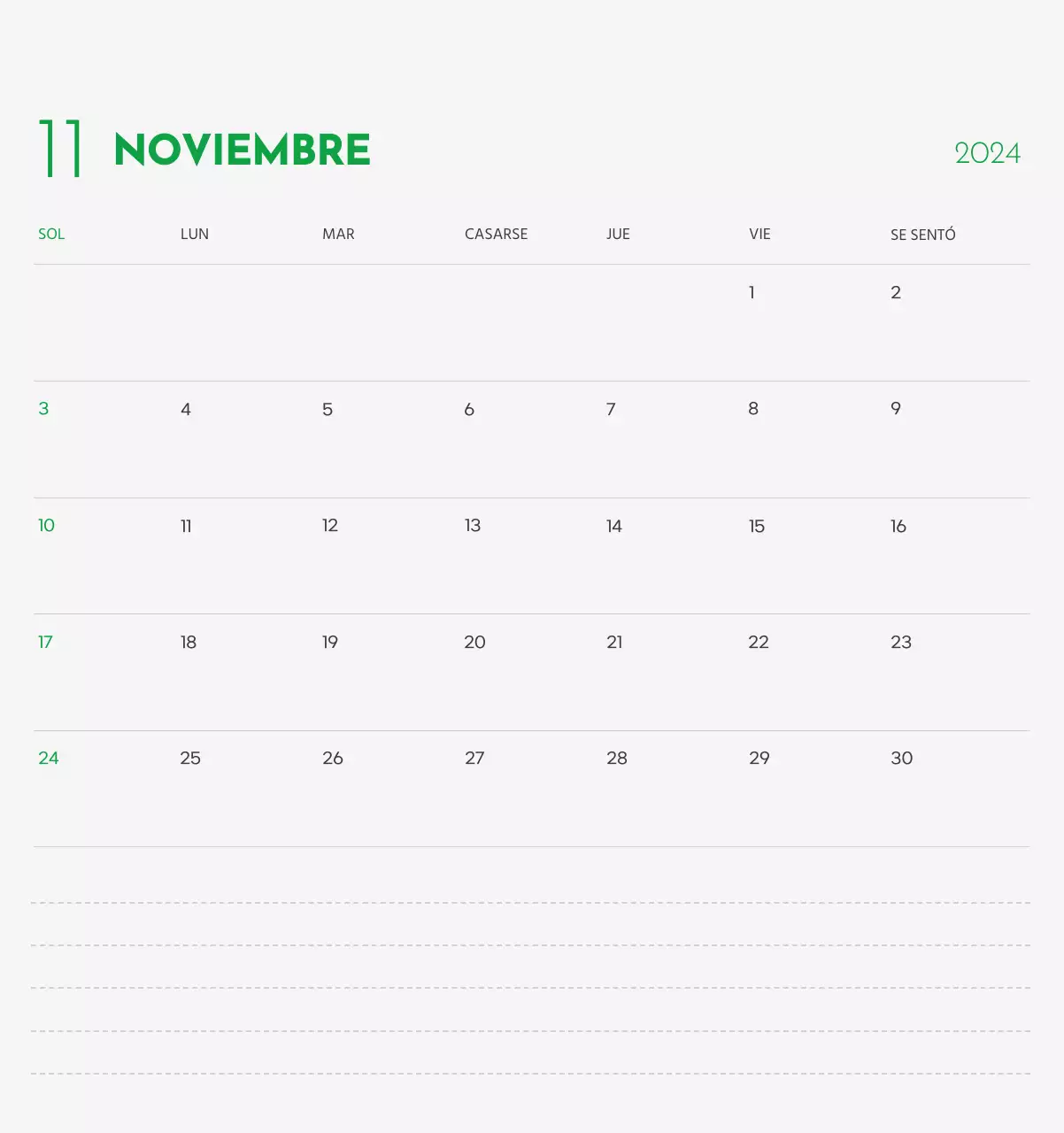 Un calendario con la imagen de un cachorro y un bonito mensaje en tonos verdes.