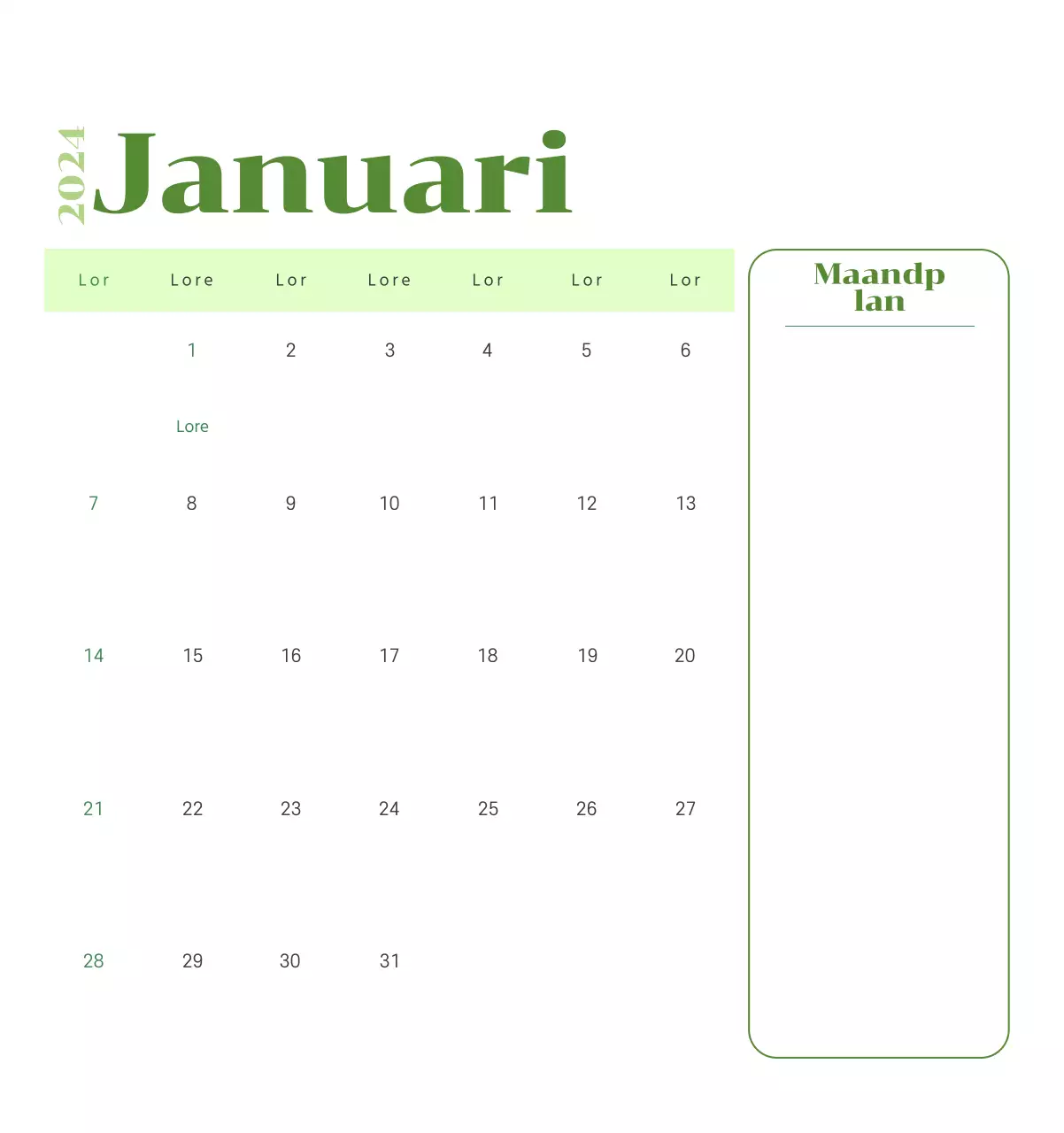 Kalender met jeugdillustraties op een gele en groene achtergrond