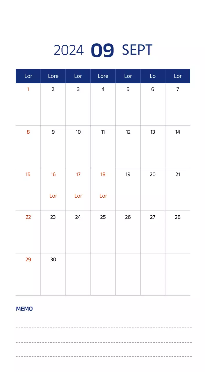 Eenvoudige kalender met strakke illustraties in blauw