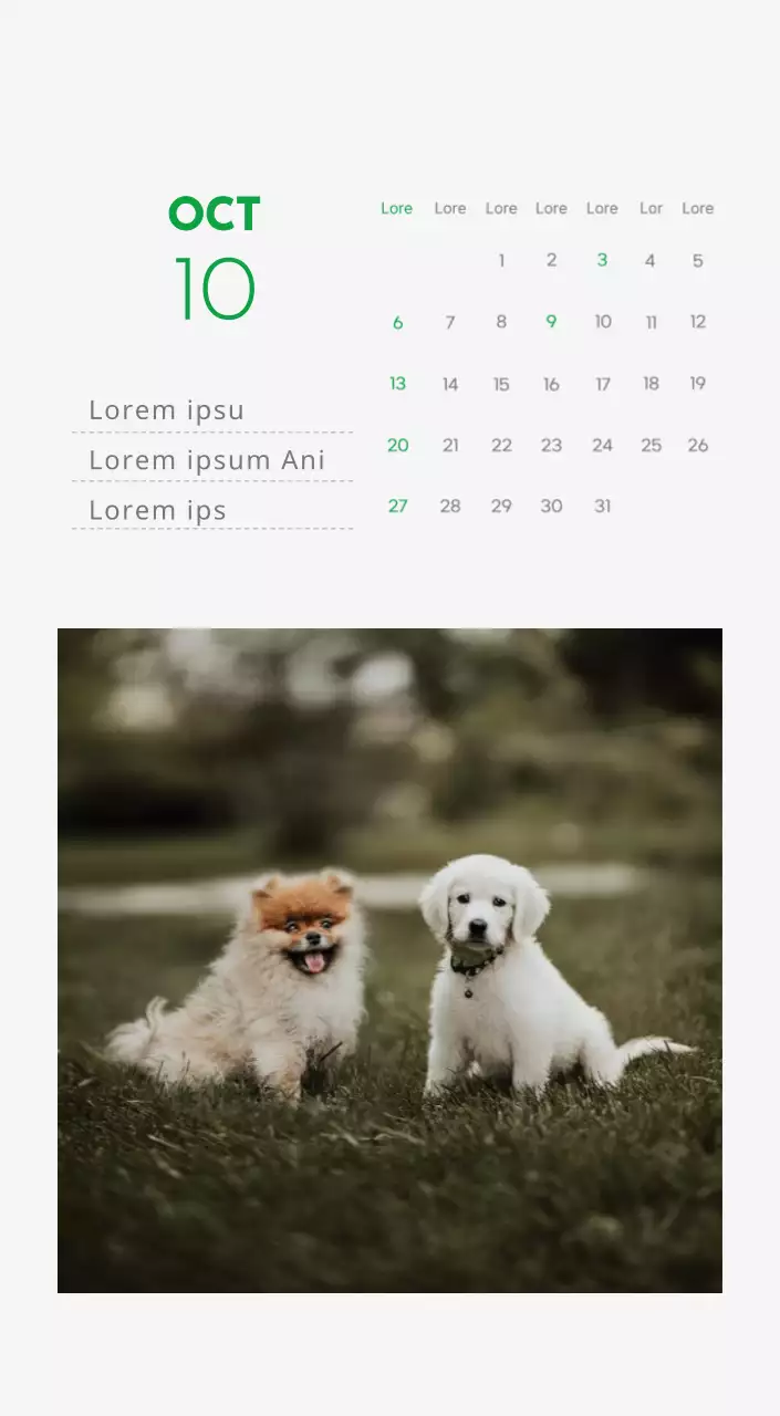 Un calendrier avec la photo d'un chiot et un message mignon aux accents verts.