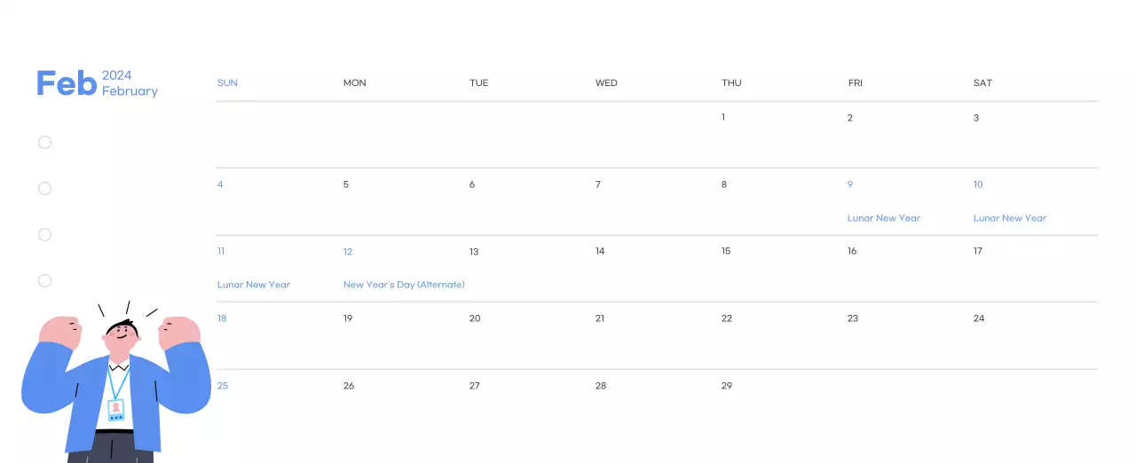 Motivational calendar with energetic illustrations and positive quotes on a light blue background