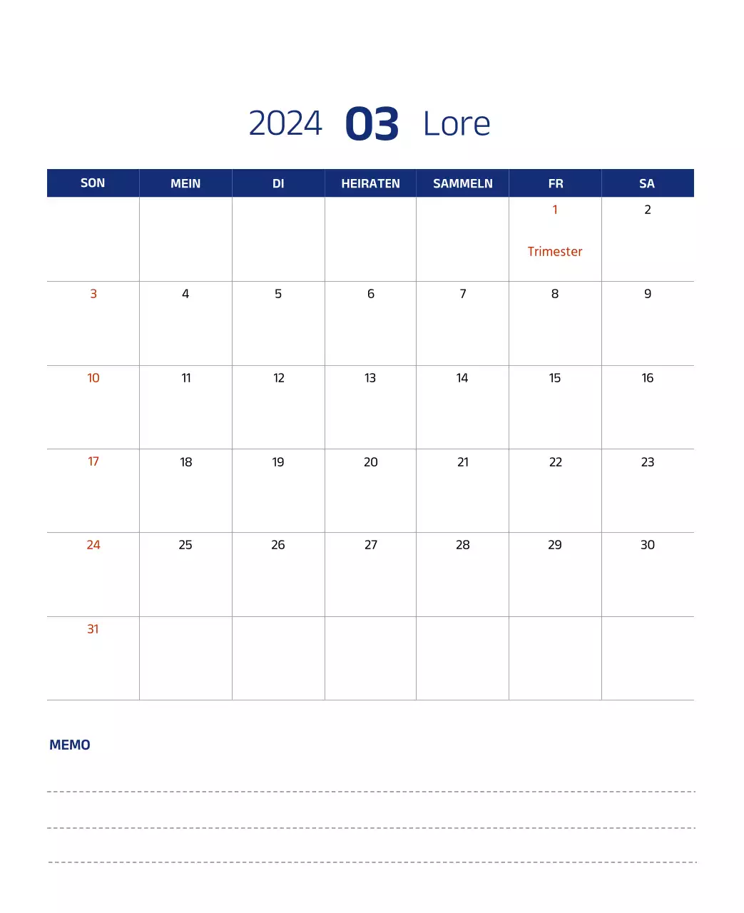 Einfacher Kalender mit klaren Illustrationen in Blau