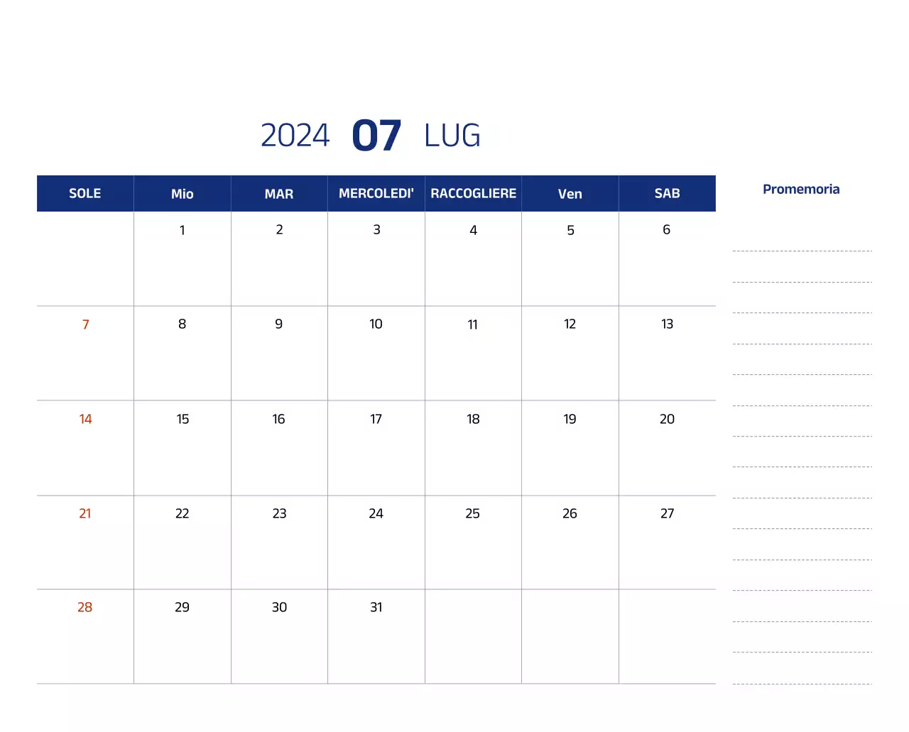 Calendario semplice con illustrazioni pulite in blu