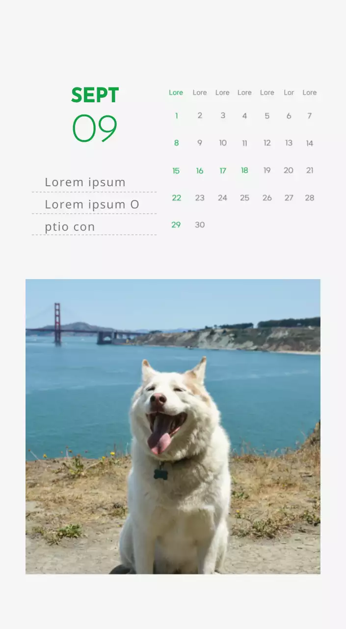 Un calendrier avec la photo d'un chiot et un message mignon aux accents verts.