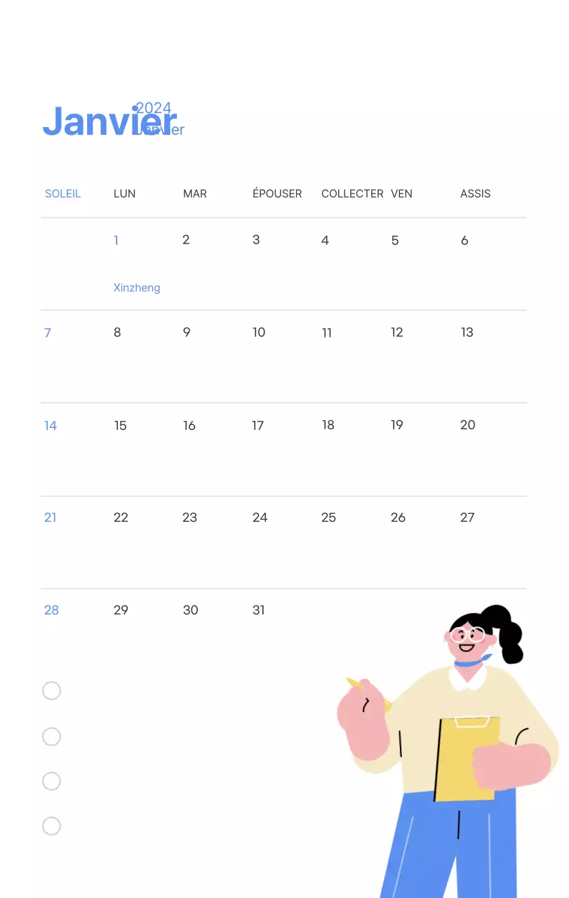 Calendrier de motivation avec des illustrations énergiques et des citations positives sur un fond bleu clair